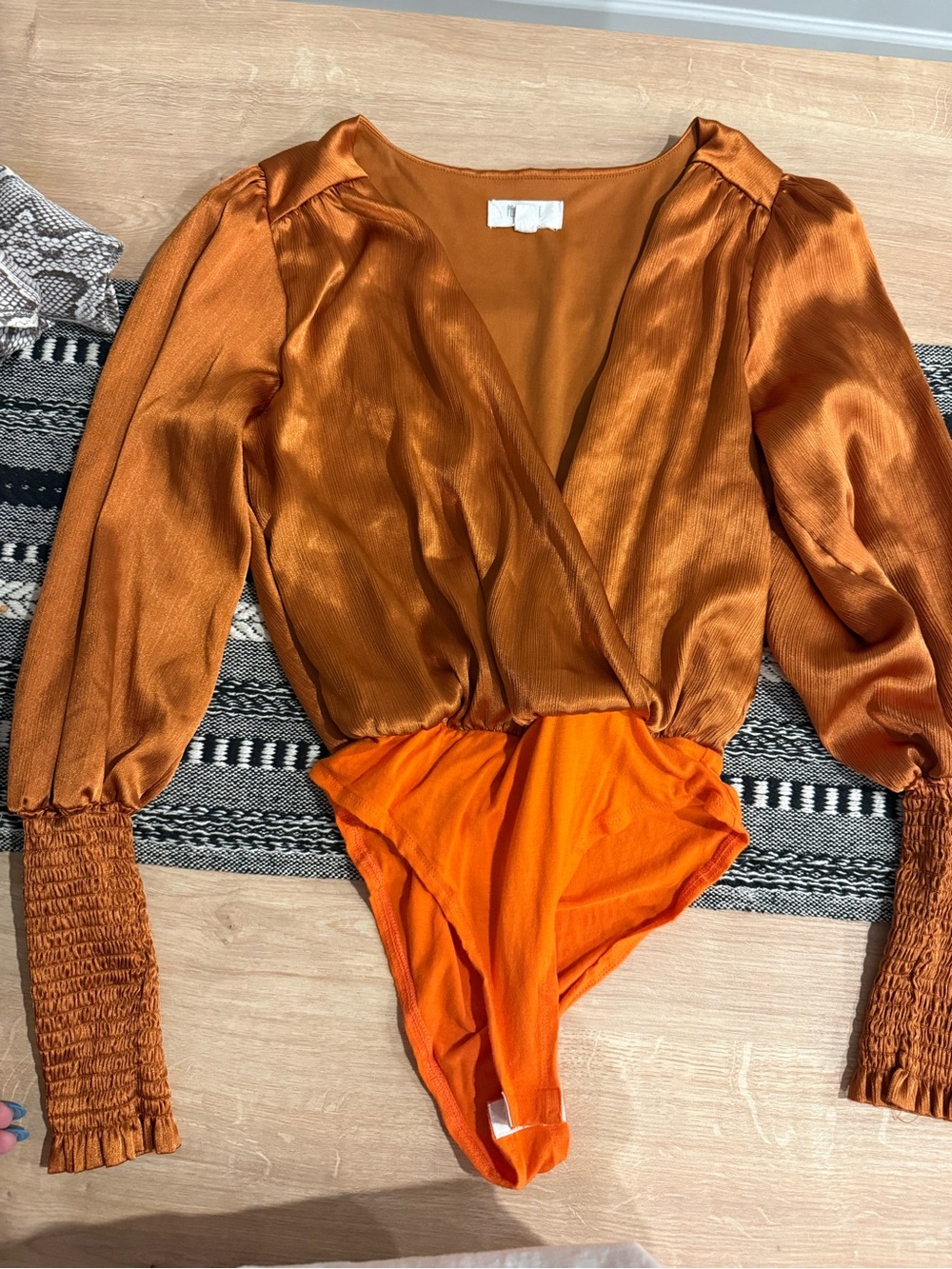 Peach Love California Satin Surplice Bodysuit in Copper and Bright Orange